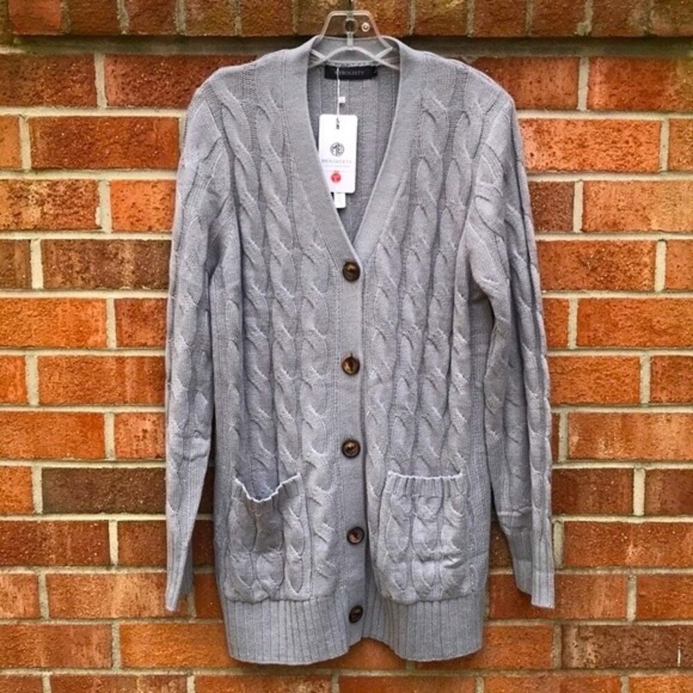 Merokeety Cable Knit Gray Cardigan Sweater sz L NWT